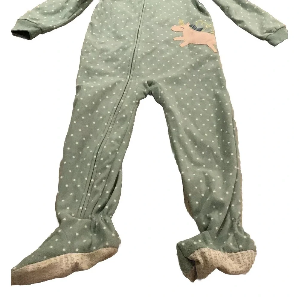 Carters Toddler Girls Green Unicorn Polka Dot Fleece One Piece Footed Pajamas 4T